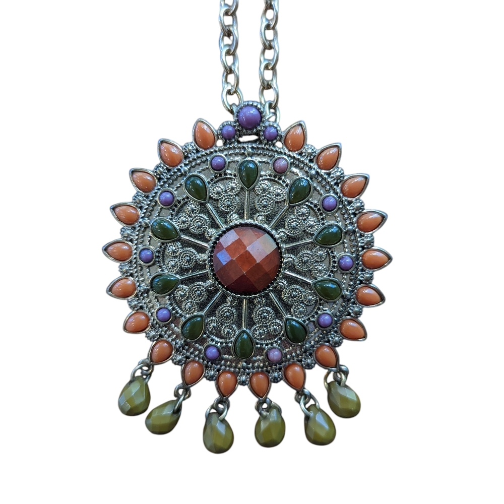 Tibetan-Style Multicolor Beads Pendant Brass Tone Necklace